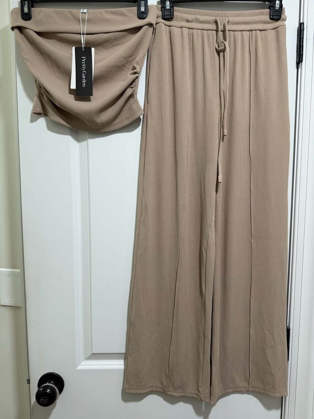PrettyGarden Women Ribbed 2 Piece Tube Top and Wide Leg Pants Set Khaki XS